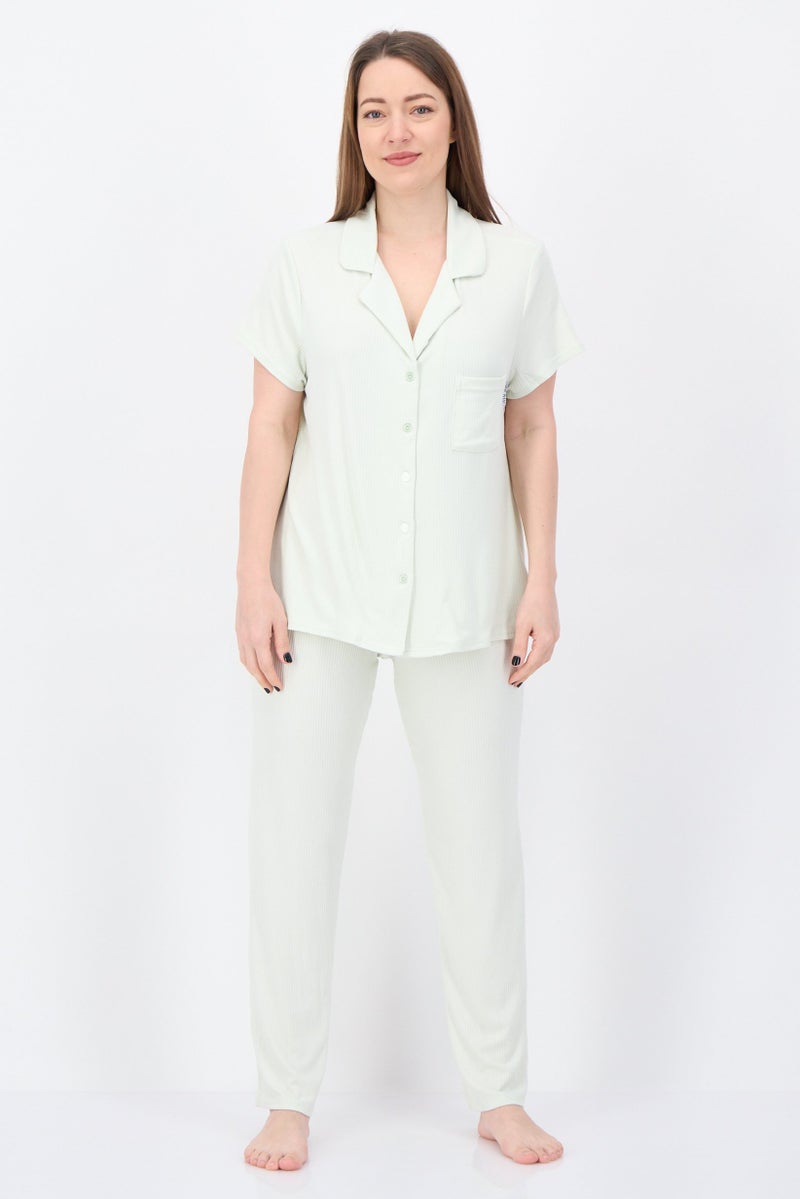 NINE WEST Women 2 Pieces Ribbed Top And Bottom Pajama Set, Pista Green - Image 1